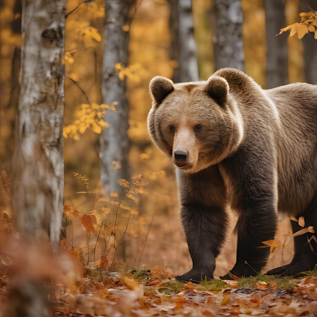 un ours se tient dans les bois avec des arbres en arrière-plan