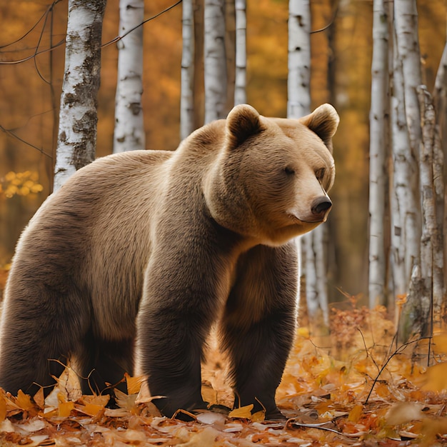 un ours se tient dans les bois avec des feuilles sur le sol