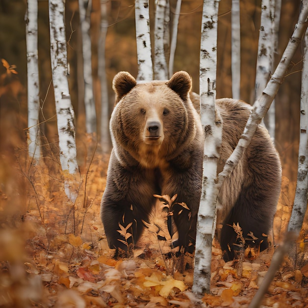 un ours se tient dans les bois avec quelques bouleaux