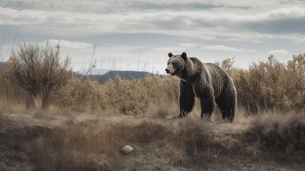 Un ours se tient dans un champ avec une montagne en arrière-plan