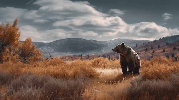 Un ours se tient dans un champ avec des montagnes en arrière-plan