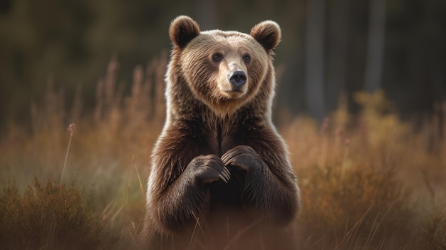 Un ours se tient dans un champ avec le soleil qui brille sur son visage.