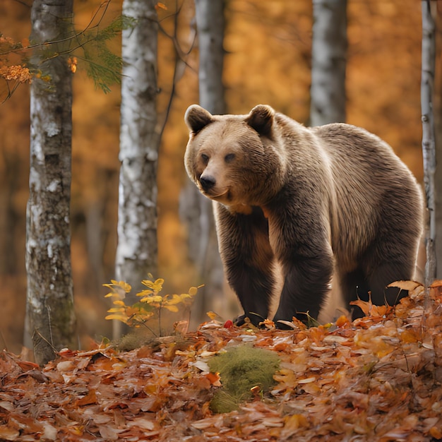 un ours se tient dans une forêt avec des feuilles d'automne
