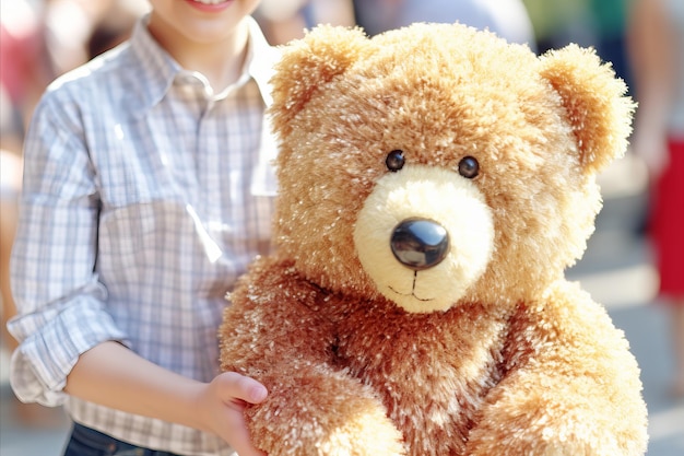 L'ours souriant embrasse un jouet à cœur coloré orné de paillettes avec une expression ludique et joyeuse