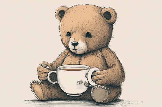 Un ours avec une tasse de thé