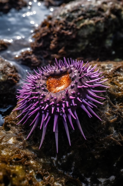 Oursin violet sur un rocher dans l'océan