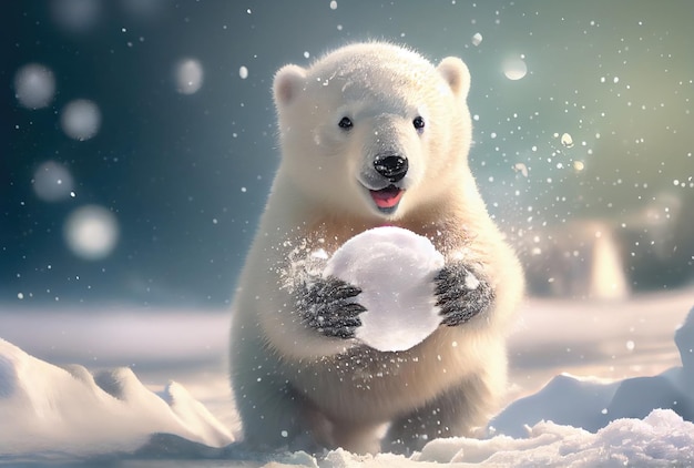 Ourson polaire blanc jouant à la boule de neige au pôle nord Concept animal et saisonnier AI générative