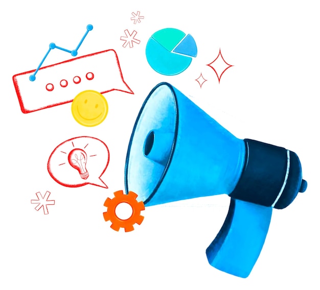 Outil de marketing png remix mégaphone bleu illustration fond transparent