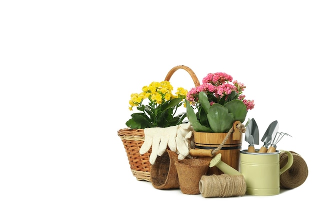 Outils et accessoires de jardinage isolés sur fond blanc