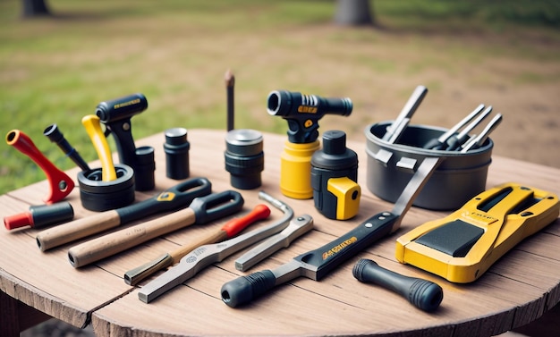 Outils assortis disposés sur un banc en bois de couleur jaune