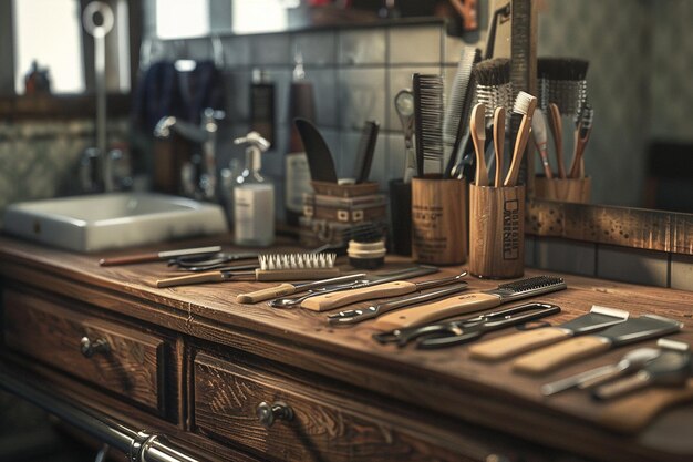 Des outils de barbier vintage disposés sur un comptoir en bois