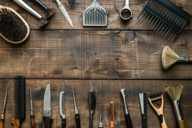 Outils de coiffure sur fond de bois avec espace de copie en haut