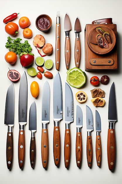 Photo outils culinaires des chefs set de couteaux isolés sur fond blanc