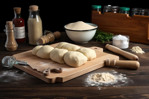 Outils et équipement de cuisson sur planche de bois avec pâte en rouleau derrière créé avec ai générative