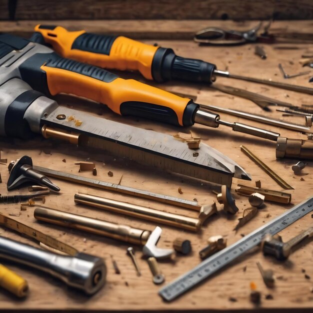 Outils et équipements de construction sur planches en bois, perles ou tournevis avec clous et règle de mesure