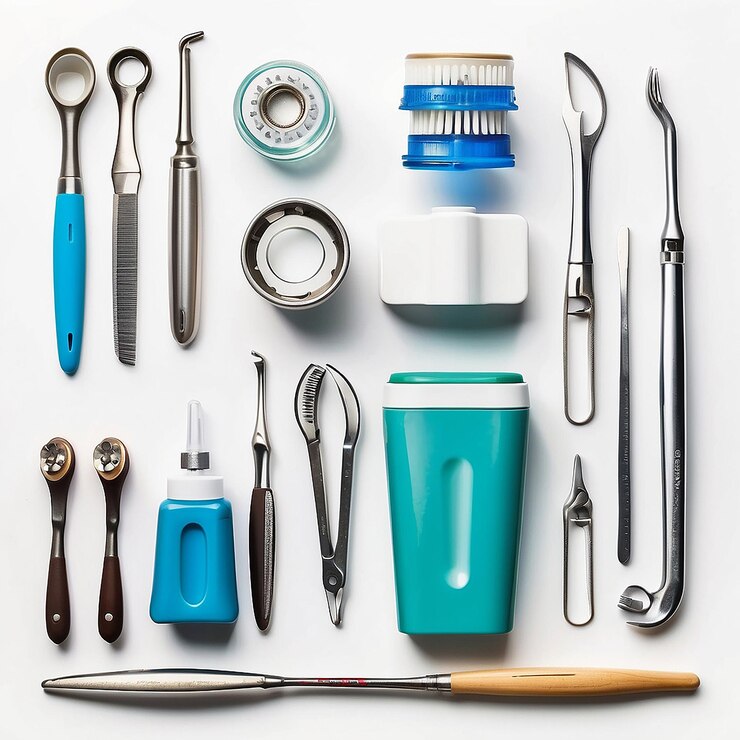 Photo outils et équipements dentaires sur fond blanc