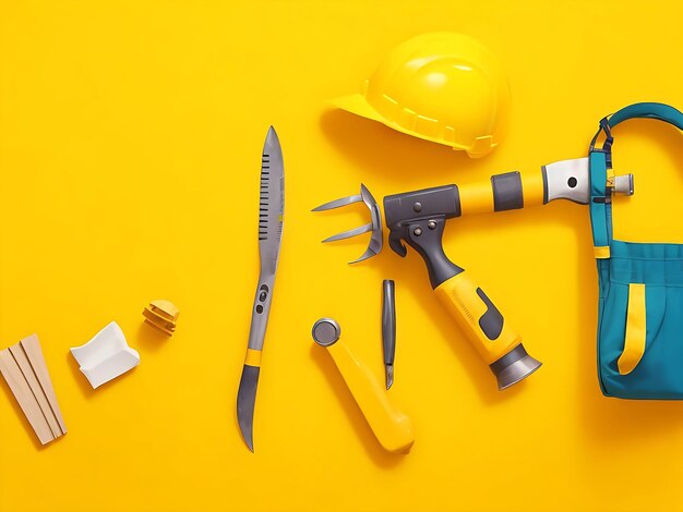 Outils et équipements pour les travailleurs du chantier de construction avec fond jaune