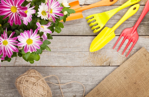 Outils de jardin avec fleur