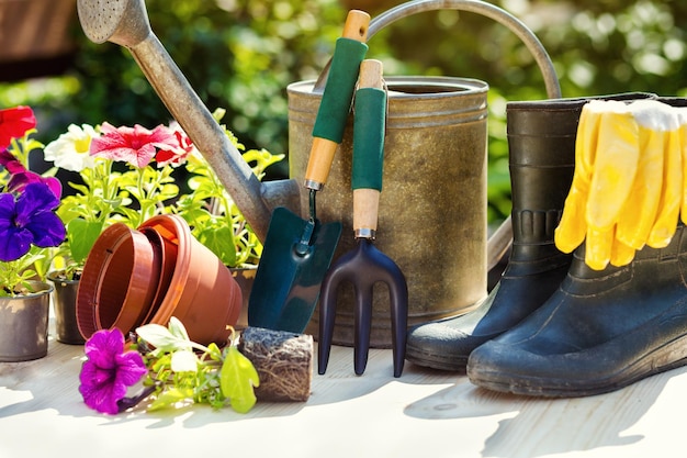 Photo outils de jardinage et fleurs dans le jardin tels que arrosoir bottes en caoutchouc vases pots gants en caoutchouc