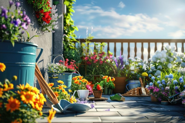 Outils de jardinage et fleurs sur la terrasse dans le jardin