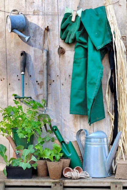 Outils de jardinage sur fond en bois