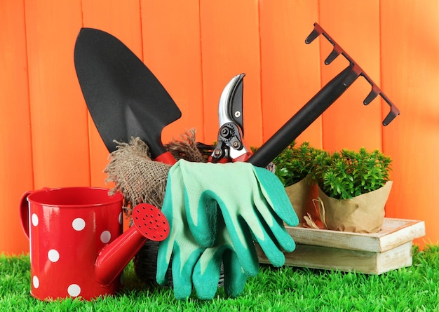 Outils de jardinage sur l'herbe dans la cour