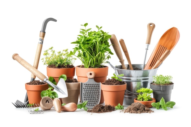 Photo des outils de jardinage isolés sur un fond blanc