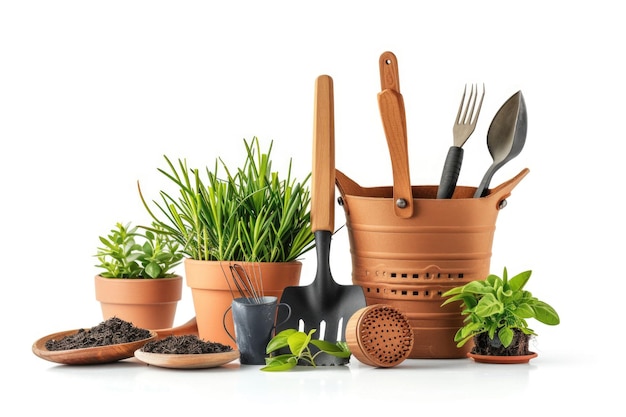 Des outils de jardinage isolés sur un fond blanc