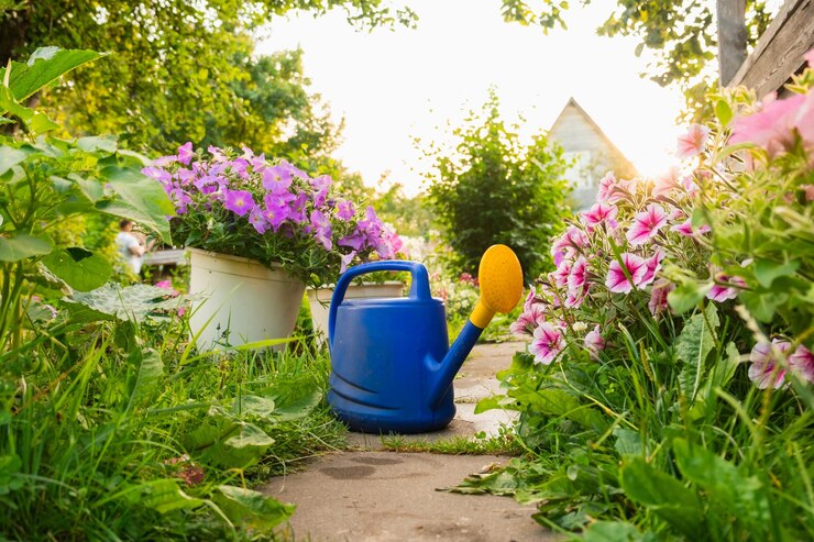 Photo outils de jardinage de l'ouvrier agricole pot d'arrosage en plastique bleu pour les plantes d'irrigation placées dans le jardin avec