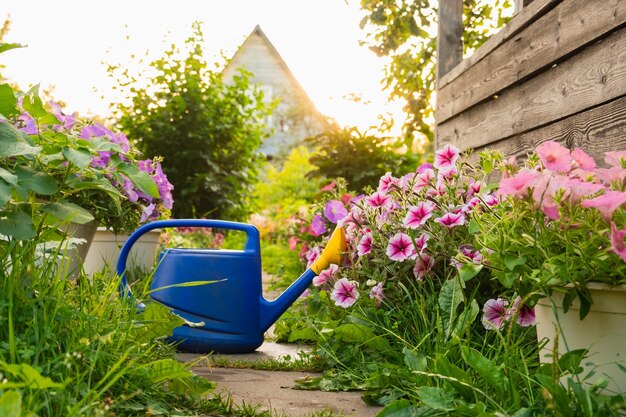 Outils de jardinage de l'ouvrier agricole pot d'arrosage en plastique bleu pour les plantes d'irrigation placées dans le jardin avec