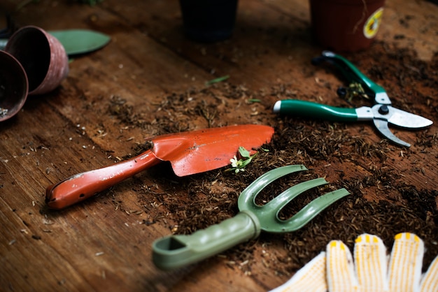 Photo outils de jardinage sur une table en bois