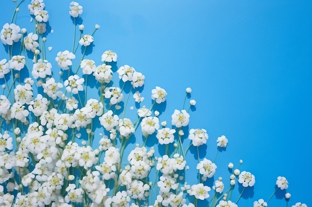 Les outils de manucure sur un fond bleu sont décorés de fleurs de gypsophile blanches