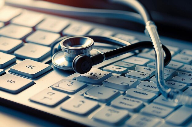 Photo outils médicaux intégrés stéthoscope connecté au clavier d'ordinateur