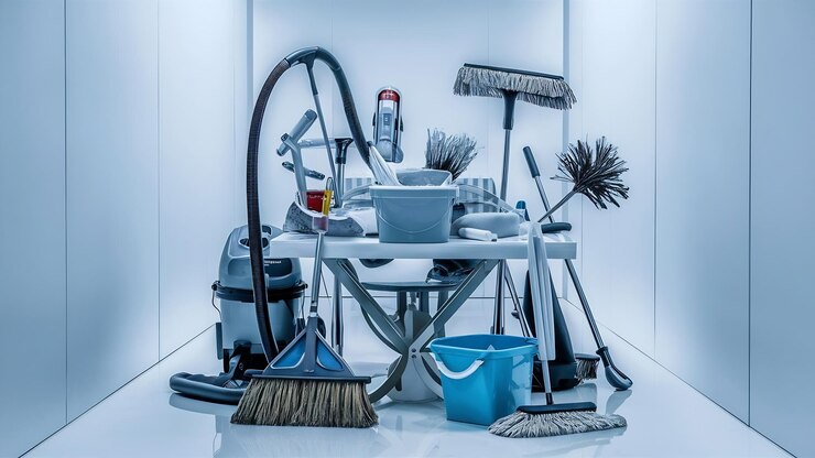 Photo outils de nettoyage et espace dans le milieu