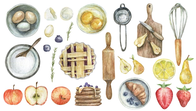 Outils de pâtisserie aquarelle et nourriture isolés sur fond blanc