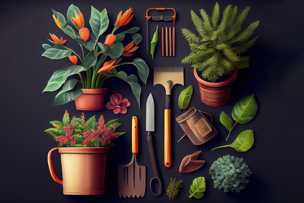 Photo outils et plantes de jardinage generative ai