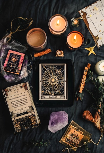 Outils de tarot jeu de tarot sac de cartes de tarot livre de lecture de tarot chandelle allumée cristal et un Palo Santo
