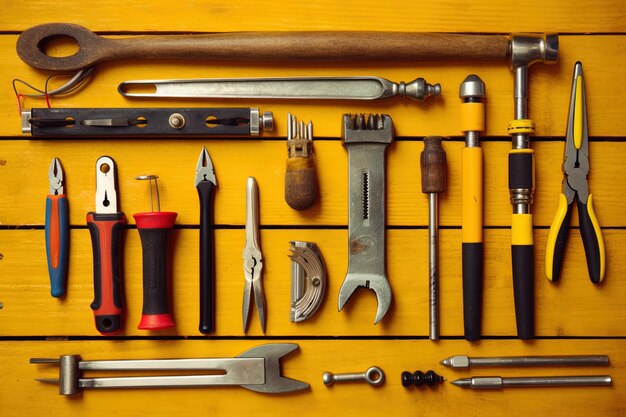 outils de travail travailleur fond jaune style knolling