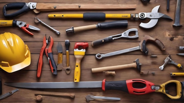 Outils de travail variés sur fond de bois