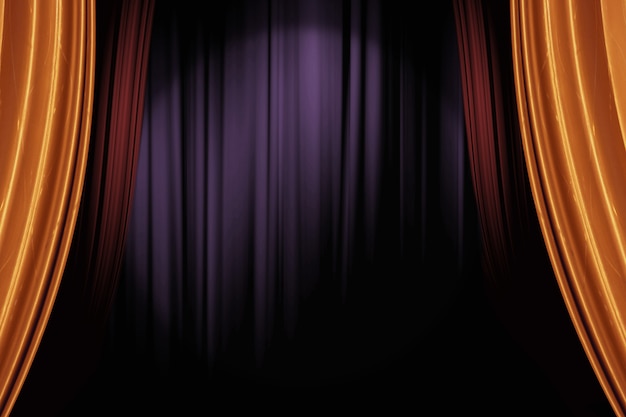 Ouverture de rideaux de scène rouge et or dans un théâtre sombre pour un fond de performance en direct