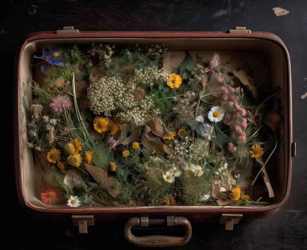 Ouverture d'une vieille valise vintage avec des fleurs sauvages à l'intérieur Focus doux sélectif