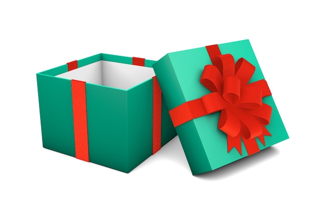 Ouvrez la boîte cadeau verte vide avec ruban rouge isolé sur fond blanc. rendu 3D. maquette