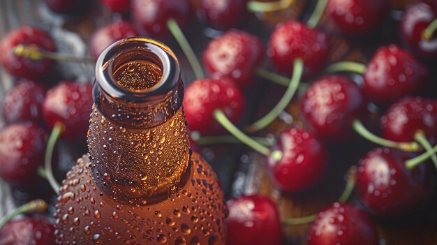 Ouvrez une bouteille de bière à la cerise avec de la condensation Vue rapprochée parmi les cerises mouillées Copier l'espace généré par l'IA