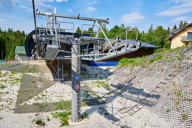 Ouvrez le câble métallique de la ligne de téléphérique et les rouleaux mobiles sur la plate-forme pour le mécanisme du funiculaire en gros plan karp