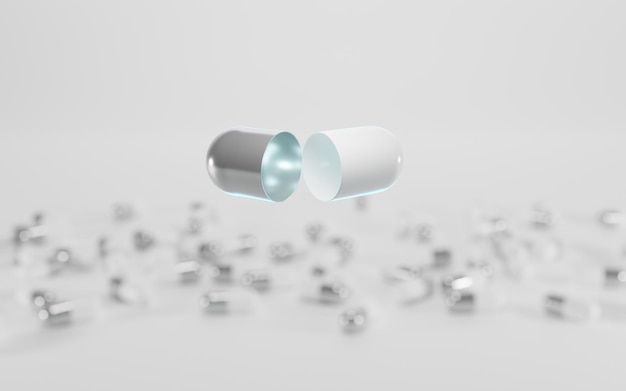 Ouvrez la capsule blanche et argentée vide sur fond de pilules de poudre fermées Médicament médical pharmaceutique covid19 vaccin supplément nutritionnel vitamines cosmétiques illustration 3d