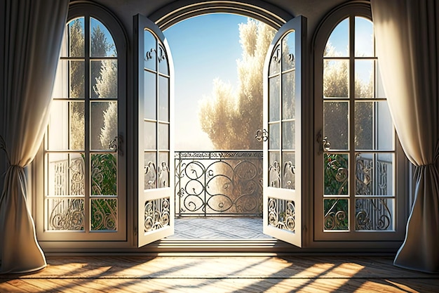 Ouvrez les fenêtres en aluminium à l'intérieur de la chambre avec balcon aux beaux jours générative ai