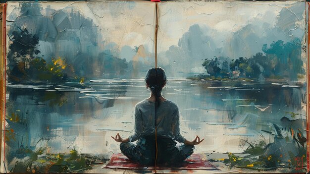 Photo ouvrez un journal vide avec un signet rouge et blanc. peinture sereine d'une femme pratiquant le yoga au bord d'un lac à l'aube.