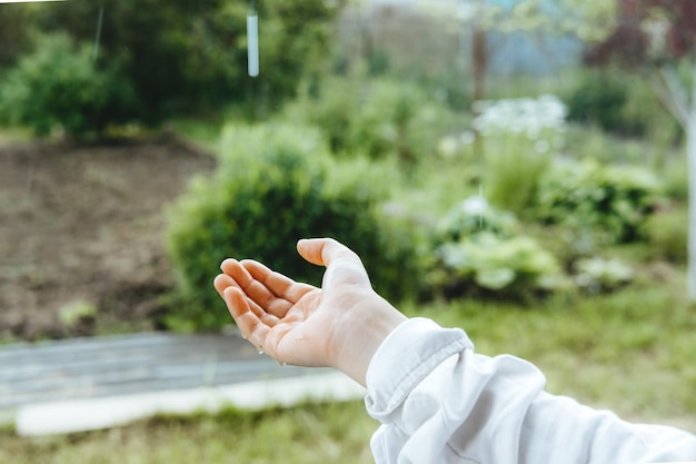 Ouvrez les paumes pendant la pluie en gros plan Les mains recueillent de l'eau pendant la pluie profitez de la pluie