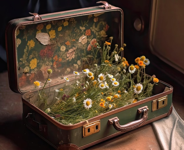 Ouvrez la vieille valise vintage avec des fleurs sauvages à l'intérieur