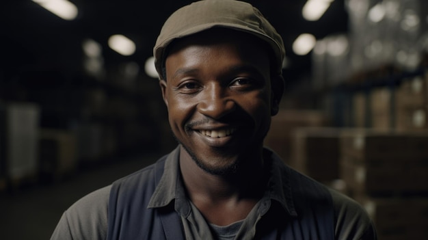 Un ouvrier africain souriant debout dans un entrepôt